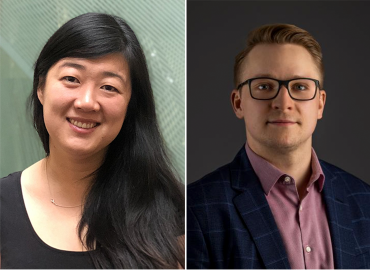 Side by side head shots of two young university professors, one female and one male