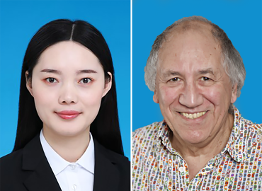 Headshots of a young Asian woman in a black jacket and an older white man in a colourful shirt.