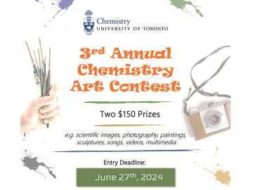 An orange, white and green poster advertising the Chemistry Department art contest