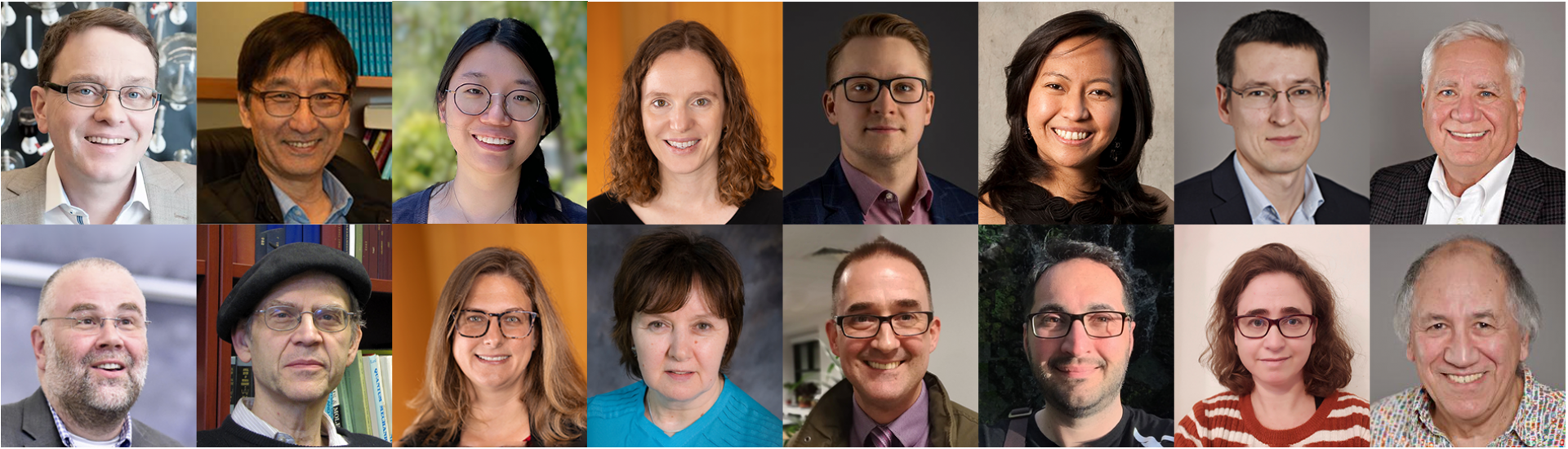 A grid of 16 head shots of university professors.